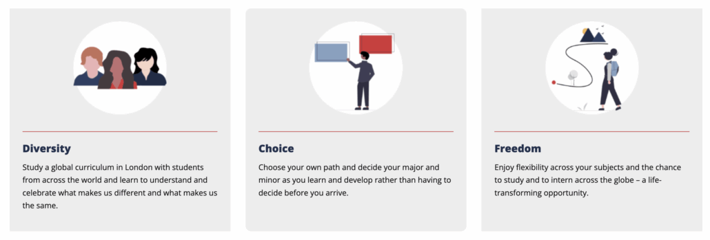 Three segments promoting educational themes: Diversity, Choice, and Freedom, highlighting global learning, flexible paths, and international opportunities in London.